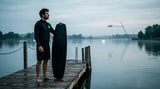 Wakeboarder am Steg mit schwarzem Wakeboard